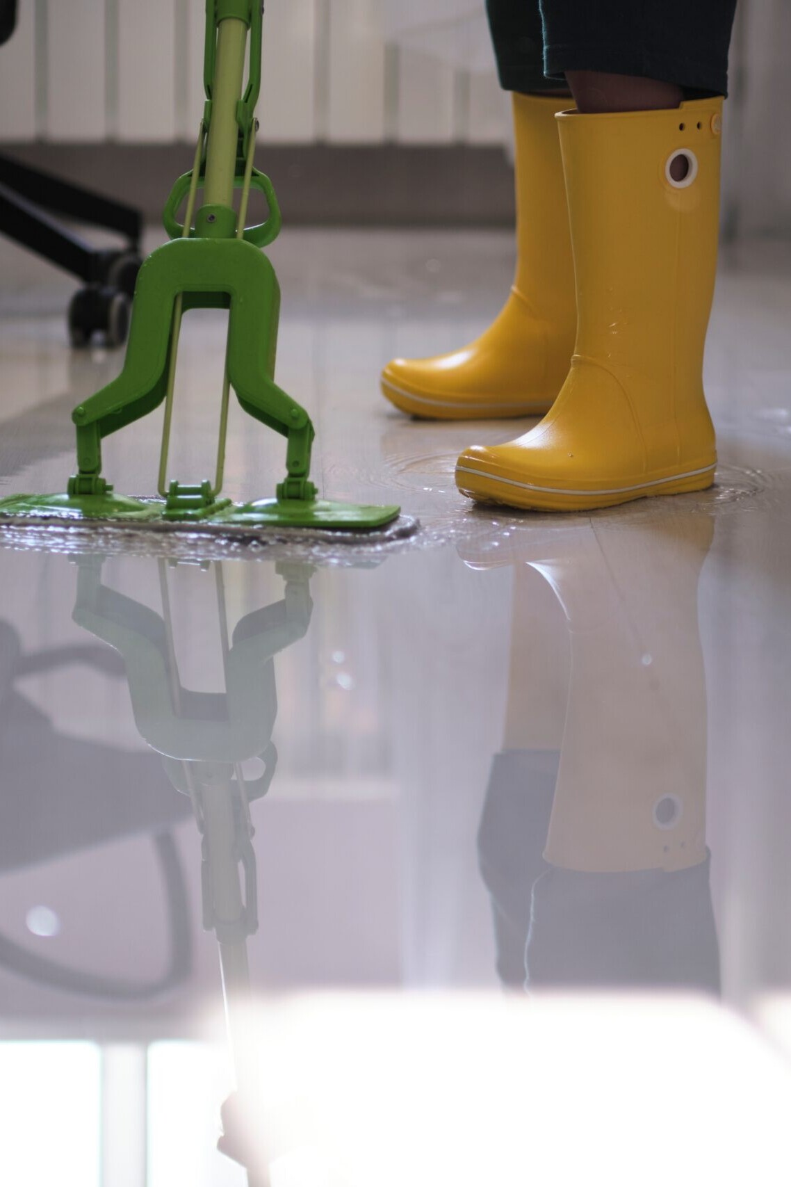 Young,Boy,In,Yellow,Rubber,Boots,Diligently,Cleaning,Up,The 2