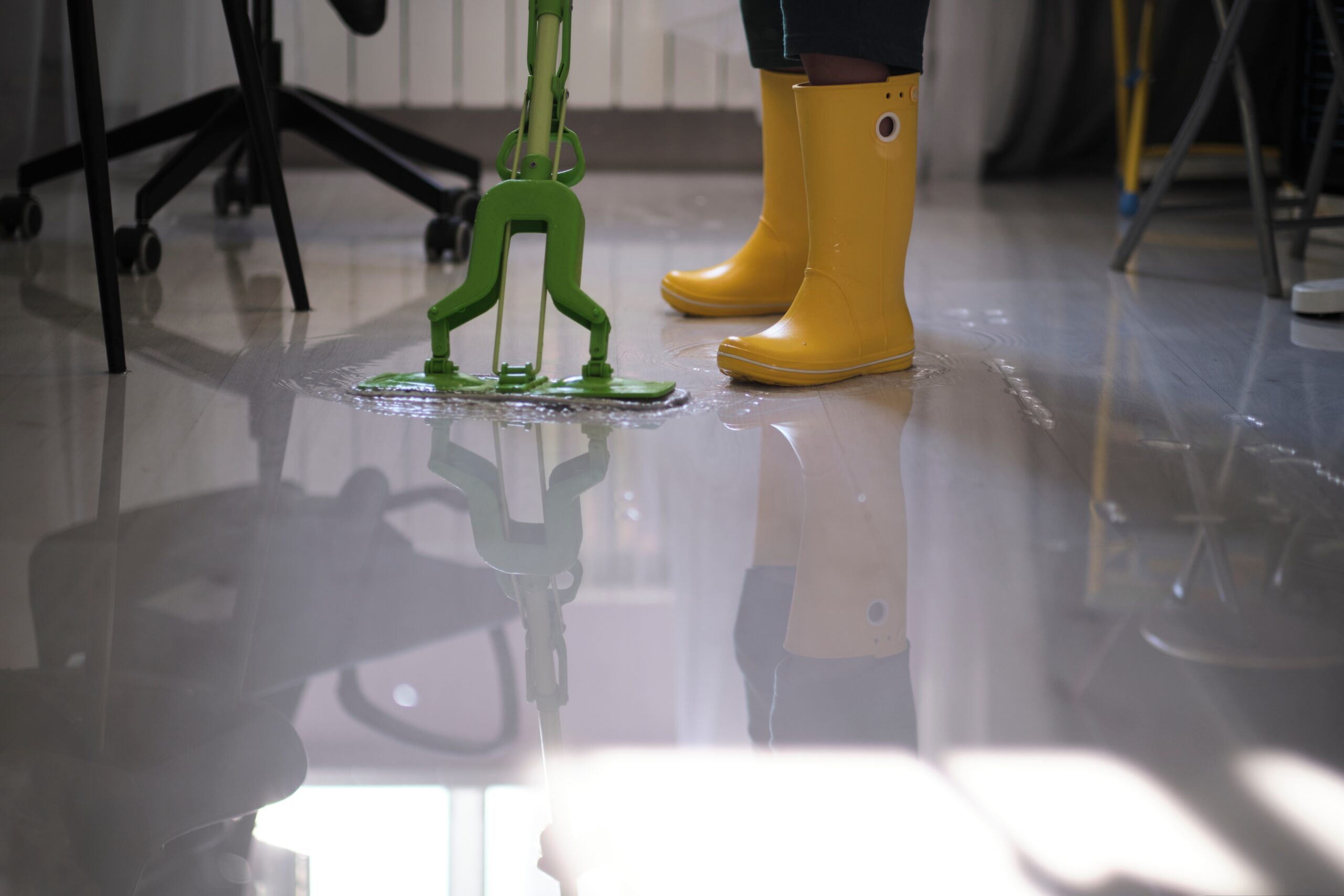 Young,Boy,In,Yellow,Rubber,Boots,Diligently,Cleaning,Up,The 3